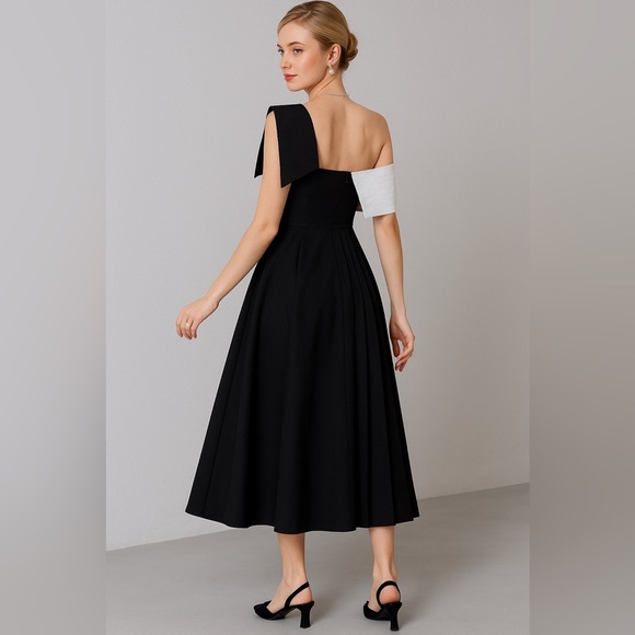 Elegant Black and White One-Shoulder Dress - Picture 1 of 13